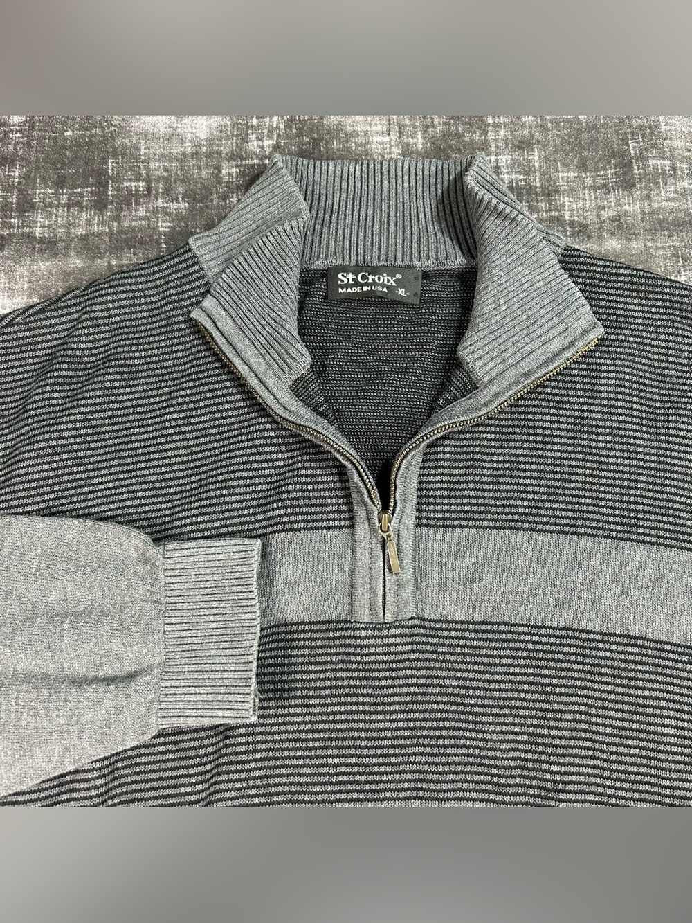 St. Croix Sweater Mens XL Two Tone Heather Gray Stripe 1/4Zip Knit Mock Neck USA